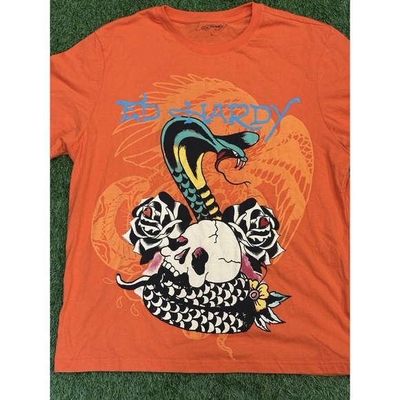 Ed Hardy Rose Cobra T-Shirt Large Tee Orange Blue Lettering NWT Graphic‎ Shirt - Picture 2 of 13